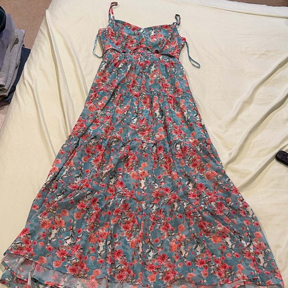 She + Sky Teal Maxi Dress with Pink Floral Print